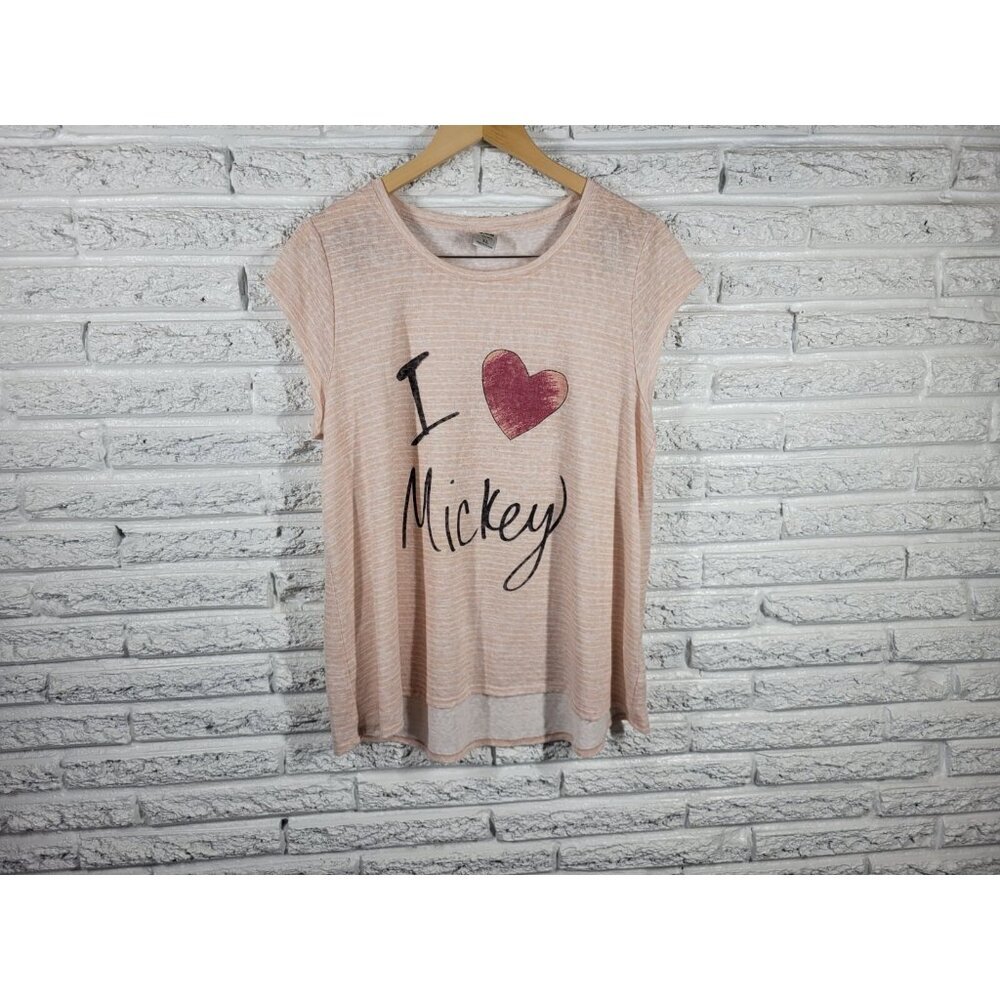 Disney I Love Mickey Mouse Women's Top XL Pink Striped Sheer Jersey Tee NOV78XE